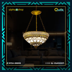 Qulik traditional chandelier hanging light with ornate gold-tone frame, decorative glass shade and chain suspension.