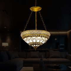 Qulik traditional chandelier hanging light with ornate gold-tone frame, floral glass detailing and chain suspension.