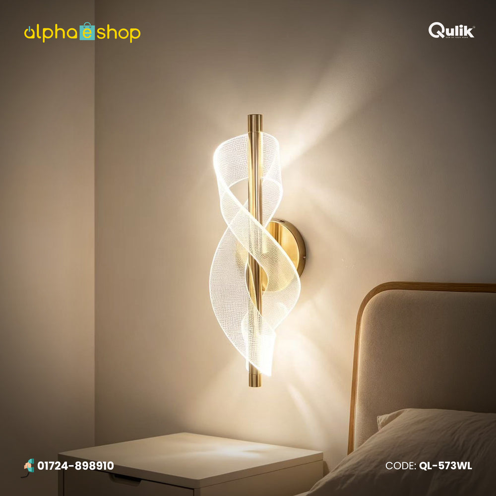 Qulik modern wall light with gold finish, vertical rod and illuminated twisted ribbon design for decorative indoor lighting.