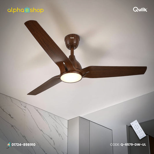 Qulik Nexa 56-inch dark wood BLDC ceiling fan with 3 ABS blades, LED underlight, remote control, silent operation and energy saving.