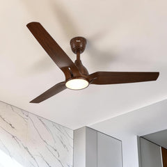 Qulik Nexa 56-inch dark wood BLDC ceiling fan with 3 ABS blades, LED underlight, remote control, silent operation and energy saving.