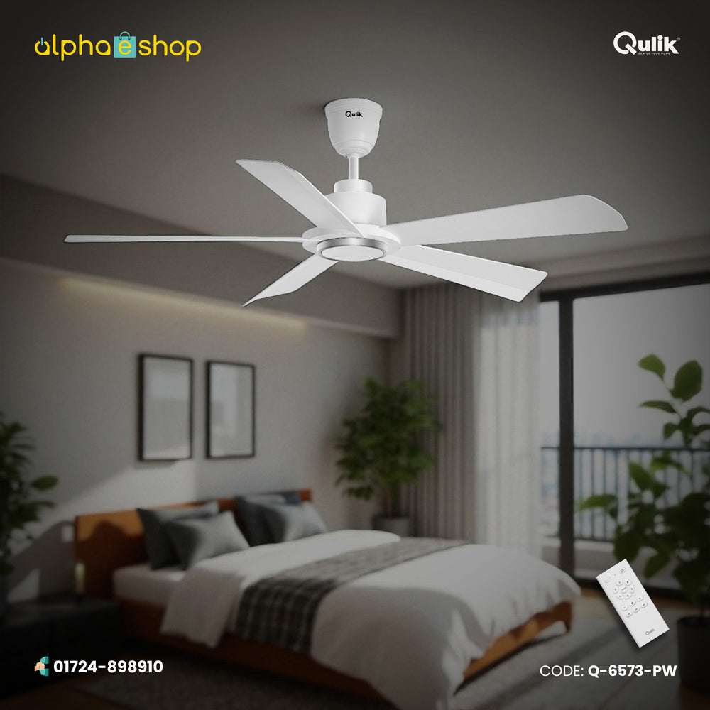 Qulik Quantom 56" decorative silent ABS blade ceiling fan with remote control in Pearl White (Q-6573-PW).