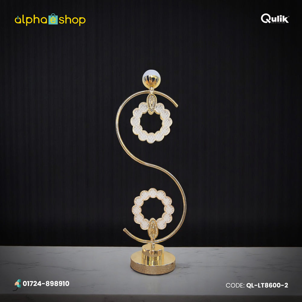 Qulik S-shaped floral LED table lamp with gold finish and twin crystal flower rings, model QL-LT8600-2.