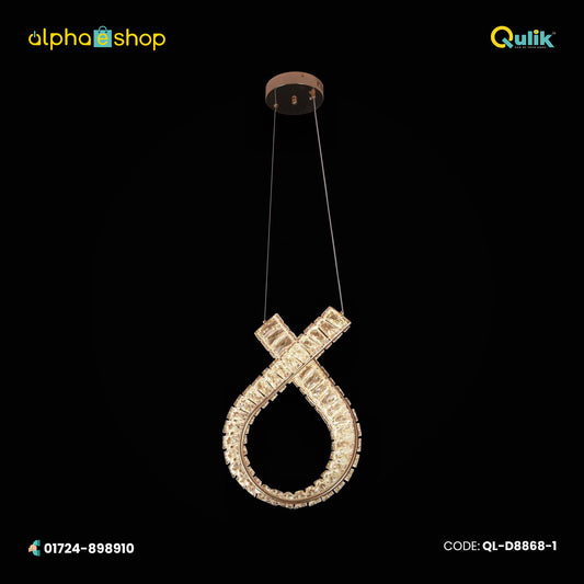 Qulik Semi Infinity Loop LED crystal chandelier pendant light with gold finish and crystal detailing, model QL-D8868-1.