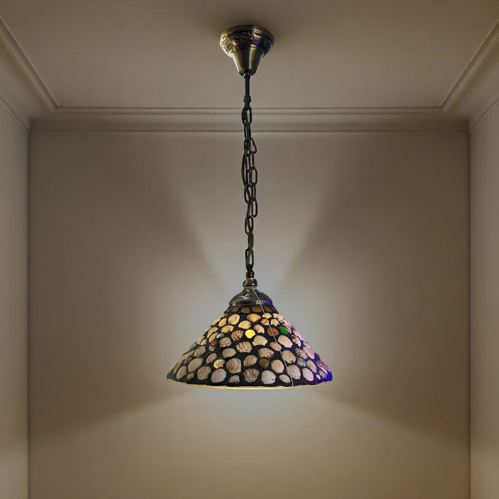Qulik StoneAura Classic 3 Color hanging light with mosaic stone-style shade and antique bronze chain, model QL-ZQ41323293.