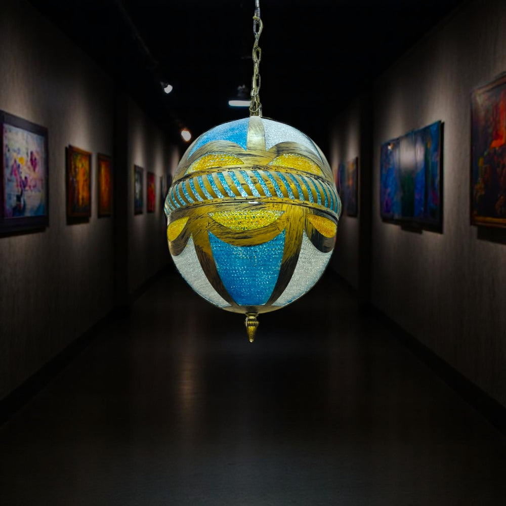 Qulik Sunflare Globe 3 Color hanging light with decorative spherical glass design in blue, gold and clear finish, model QL-ZQ4132301-500.
