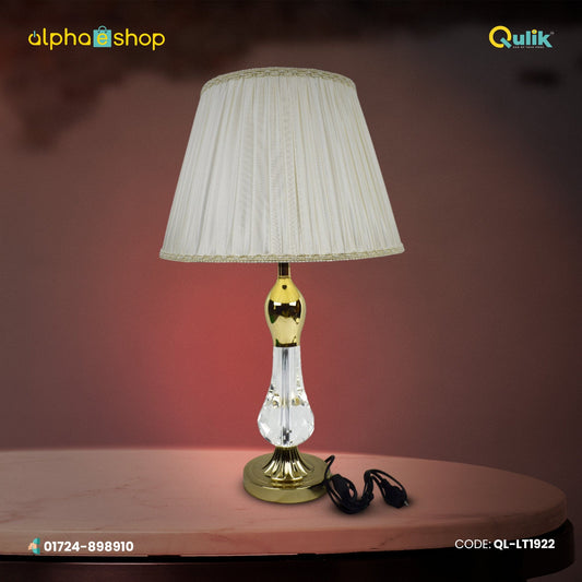 Qulik traditional table lamp with clear crystal body, polished gold accents and pleated white fabric shade, model QL-LT8600-2.