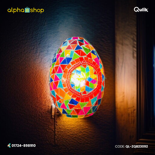 Qulik Turkish NovaEgg mosaic wall light with an egg-shaped shade, colorful geometric glass tiles and a vibrant illuminated mosaic design, model QL-ZQB23092.