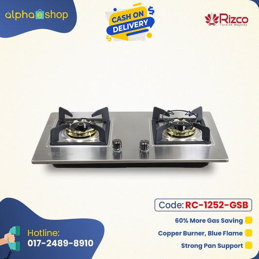 Rizco BHS-Grand 511 30-inch double gas burner in grey, featuring copper burners for blue flame, gas-saving technology, and strong pan supports.