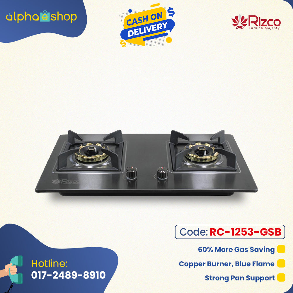 Rizco BHS-Grand 512 30-inch double gas burner in black, featuring copper burners for blue flame, 60% gas savings, and strong pan supports. Available at Alphaeshop.