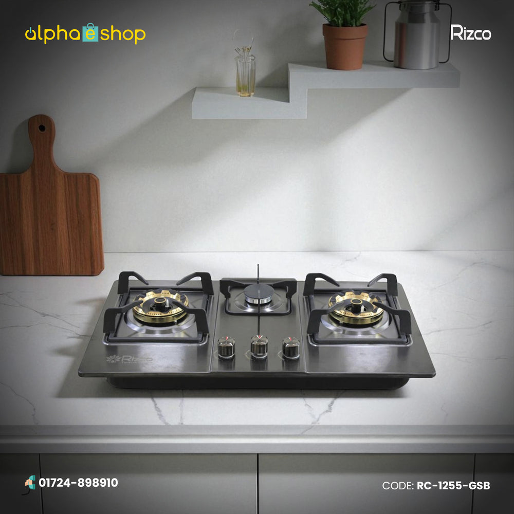 Rizco BHS-Grand 515 30-inch triple-burner gas stove in black. Available at Alphaeshop.