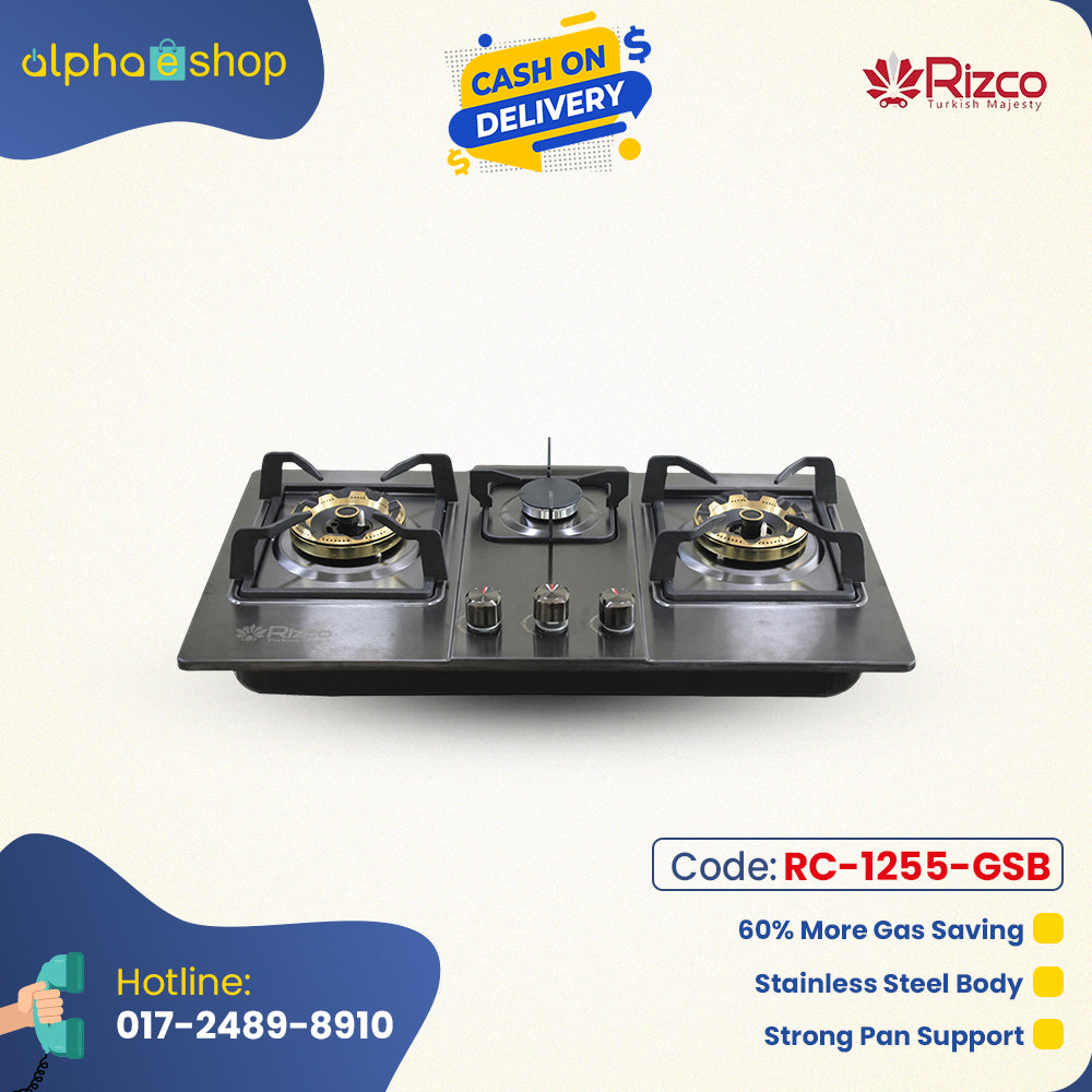 Rizco BHS-Grand 515 30-inch triple-burner gas stove in black, featuring a stainless steel body, copper burners, 60% gas savings, and strong pan support.