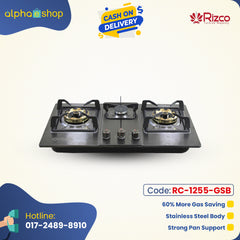 Rizco BHS-Grand 515 30-inch triple-burner gas stove in black, featuring a stainless steel body, copper burners, 60% gas savings, and strong pan support.