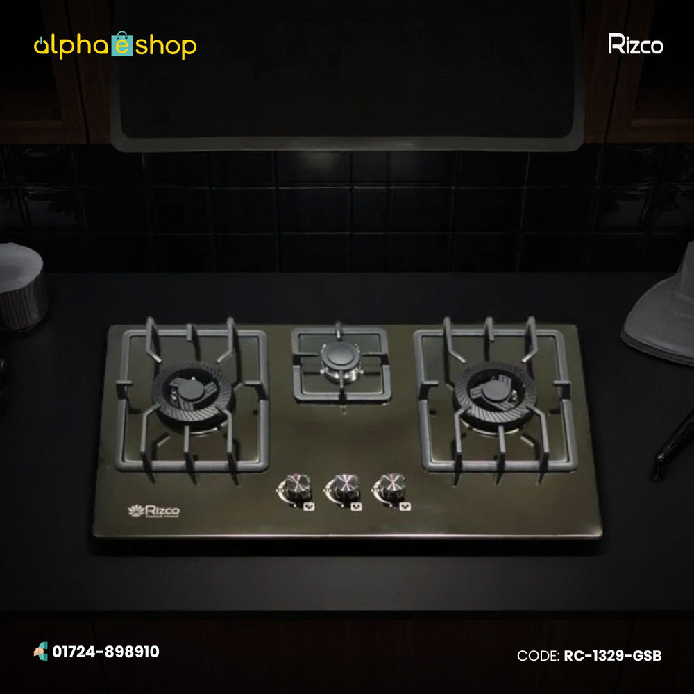 Rizco BHS Vintage 703 30-inch triple-burner gas stove in black finish. Available at Alphaeshop.