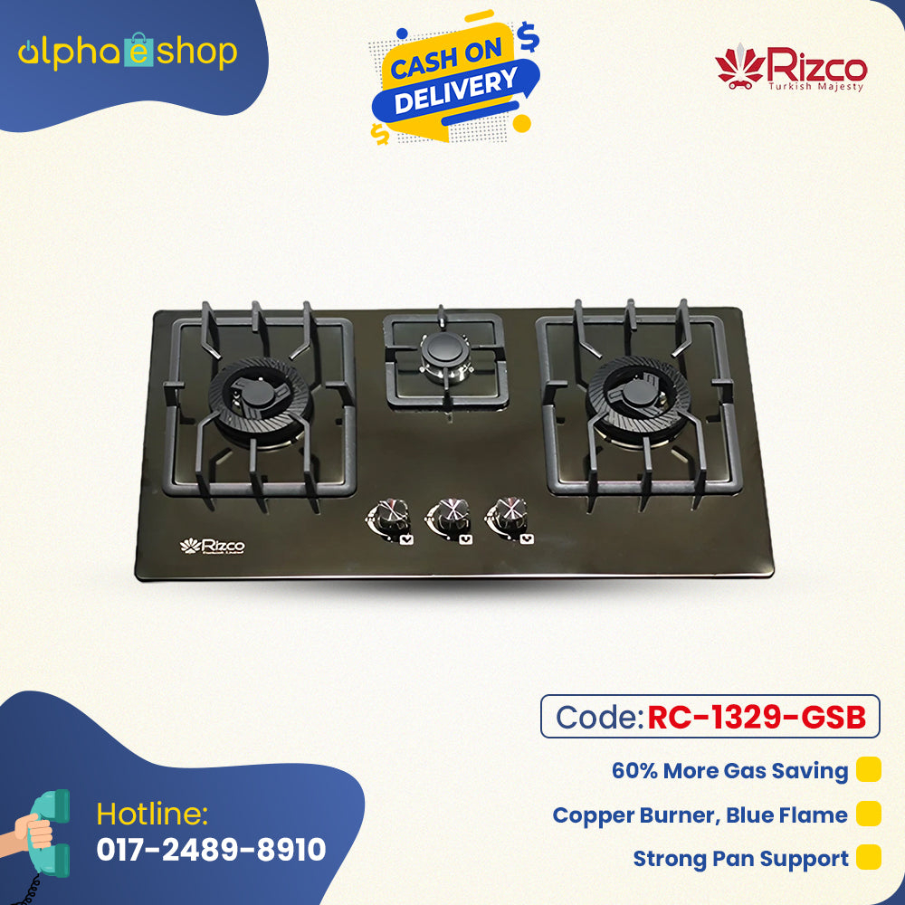 Rizco BHS Vintage 703 30-inch triple-burner gas stove in black, featuring copper burners for blue flame, 60% gas savings, and strong pan support. Available at Alphaeshop.