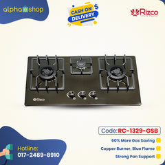 Rizco BHS Vintage 703 30-inch triple-burner gas stove in black, featuring copper burners for blue flame, 60% gas savings, and strong pan support. Available at Alphaeshop.
