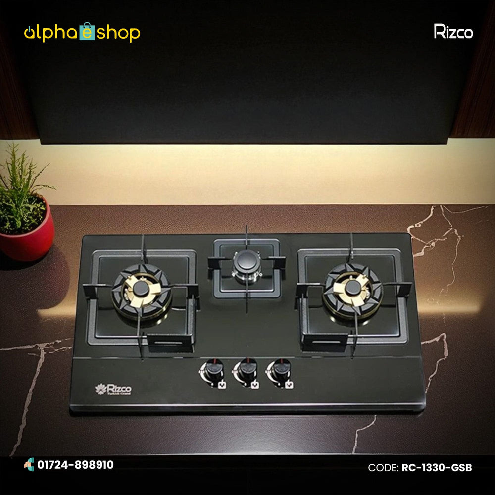 Rizco BHS Vintage 705 30-inch triple-burner gas stove in black finish. Available at Alphaeshop.