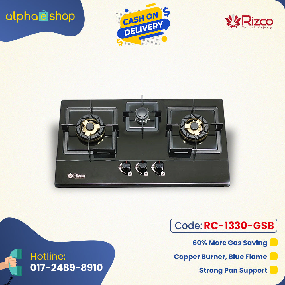 Rizco BHS Vintage 705 30-inch triple gas burner in black, featuring copper burners for blue flame, 60% gas savings, and strong pan support. Available at Alphaeshop.