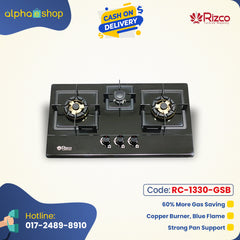 Rizco BHS Vintage 705 30-inch triple gas burner in black, featuring copper burners for blue flame, 60% gas savings, and strong pan support. Available at Alphaeshop.