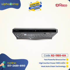 Rizco BL Fiesta 75 30-inch kitchen hood in black, featuring two powerful sirocco fans, 1500 m3/hr suction power, heat auto clean, and touch controls.