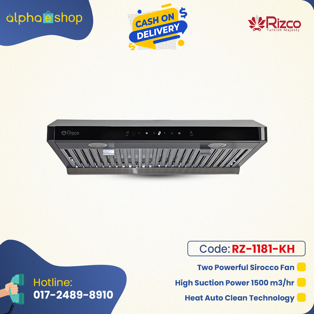 Rizco BL Fiesta 90 kitchen hood in black, featuring two powerful sirocco fans, 1500 m3/hr suction power, heat auto clean technology, and touch controls.