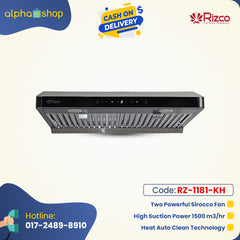 Rizco BL Fiesta 90 kitchen hood in black, featuring two powerful sirocco fans, 1500 m3/hr suction power, heat auto clean technology, and touch controls.