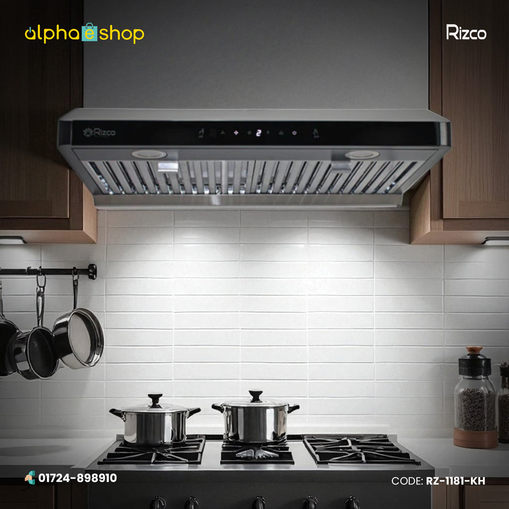 Rizco BL Fiesta 90 36-inch stainless steel kitchen hood. High-performance ventilation available at Alphaeshop.