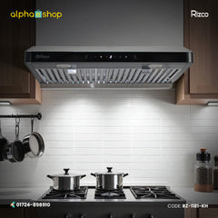 Rizco BL Fiesta 90 36-inch stainless steel kitchen hood. High-performance ventilation available at Alphaeshop.