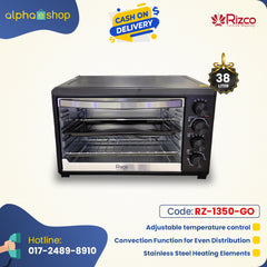 Rizco 38L electric oven in black, featuring adjustable temperature, convection function, timer, rotisserie, and stainless steel heating elements.