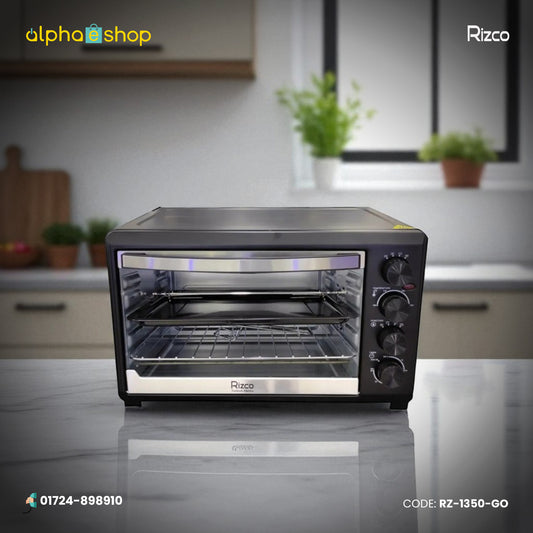 Rizco electric oven in black, featuring precise temperature, function, and timer control knobs. Quality baking appliance available at Alphaeshop.