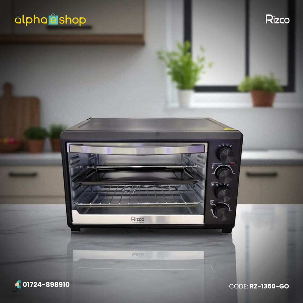 Rizco electric oven in black, featuring precise temperature, function, and timer control knobs. Quality baking appliance available at Alphaeshop.