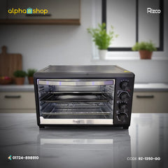 Rizco electric oven in black, featuring precise temperature, function, and timer control knobs. Quality baking appliance available at Alphaeshop.