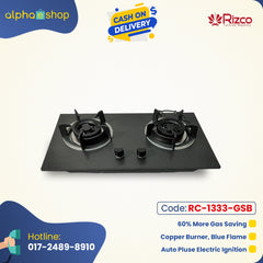 Rizco GH-8211 29-inch double gas stove with granite panel, copper burners, auto electric ignition, and 60% gas savings. Available at Alphaeshop.