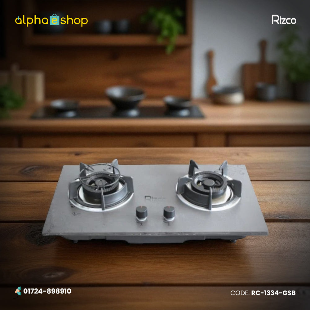 Rizco GH-8212 29-inch double gas burner with an ash granite panel finish. Available at Alphaeshop.