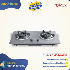 Rizco GH-8212 29-inch double gas burner in ash granite, featuring copper burners for blue flame, 60% gas savings, and auto ignition. Available at Alphaeshop.