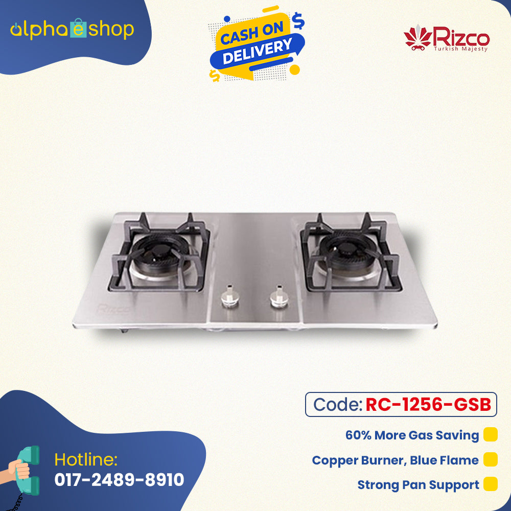 Rizco GH 8026 30-inch double gas burner in silver, featuring copper burners for blue flame, 60% gas savings, and strong pan support. Available at Alphaeshop.