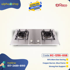 Rizco GH 8026 30-inch double gas burner in silver, featuring copper burners for blue flame, 60% gas savings, and strong pan support. Available at Alphaeshop.