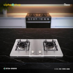 Rizco GH 8026 30-inch double gas burner in silver finish. Available at Alphaeshop.
