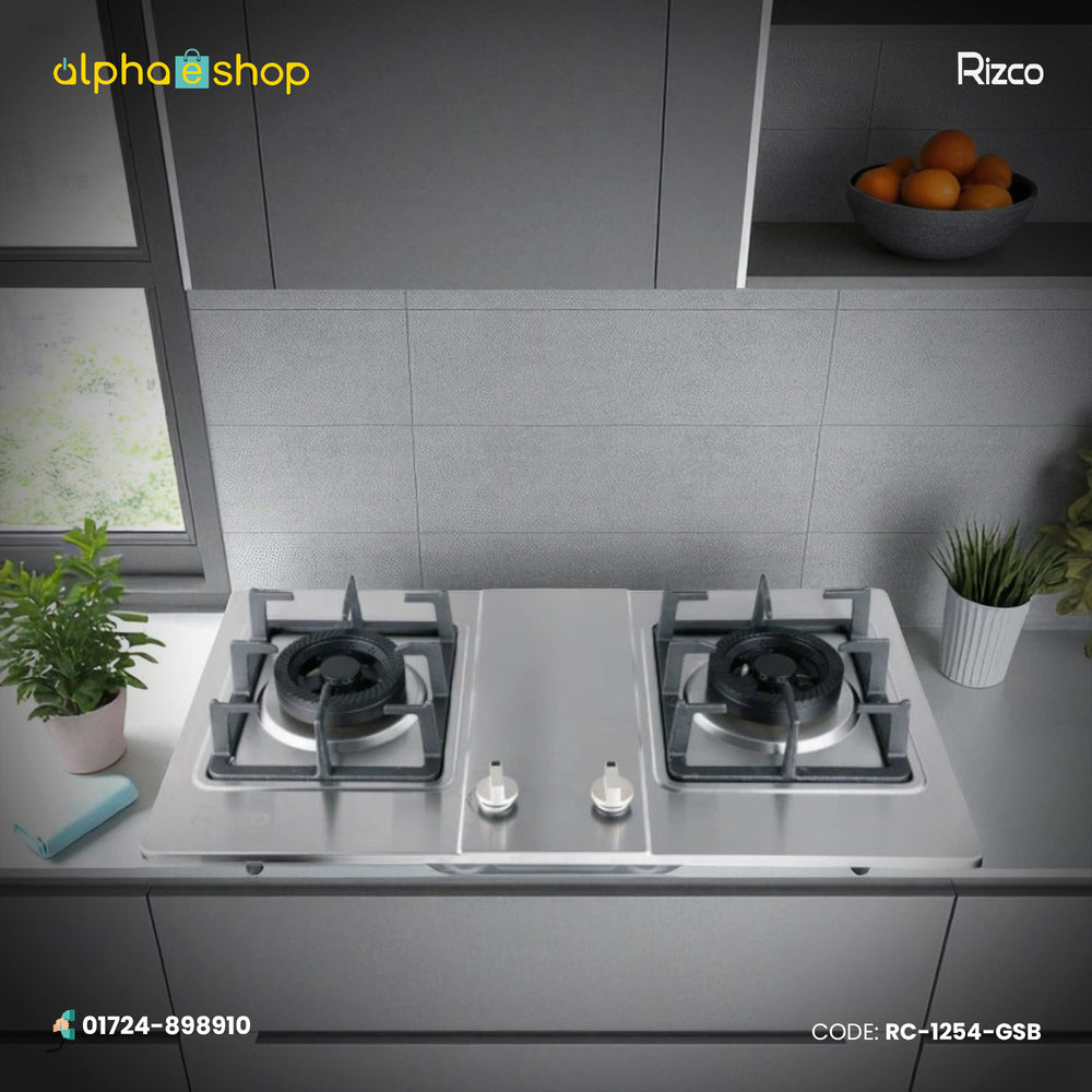 Rizco GH 8028 30-inch double gas burner in silver finish. Available at Alphaeshop.
