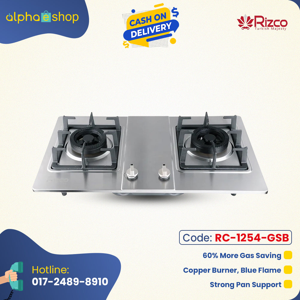 Rizco GH 8028 30-inch double gas burner in silver, featuring copper burners for blue flame, 60% gas savings, and strong pan support. Available at Alphaeshop.