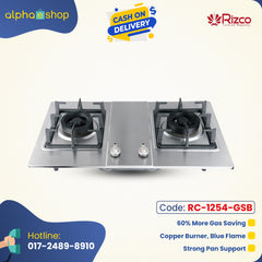 Rizco GH 8028 30-inch double gas burner in silver, featuring copper burners for blue flame, 60% gas savings, and strong pan support. Available at Alphaeshop.