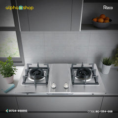 Rizco GH 8028 30-inch double gas burner in silver finish. Available at Alphaeshop.