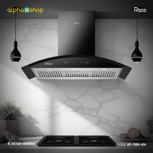 Rizco Luminous 121 36-inch kitchen hood in black finish. Available at Alphaeshop.