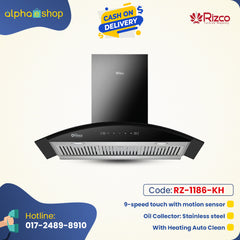 Rizco Luminous 121 36-inch kitchen hood in black, featuring 9-speed touch control, motion sensor, heating auto clean, and stainless steel oil collector.