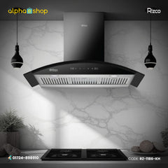 Rizco Luminous 121 36-inch kitchen hood in black finish. Available at Alphaeshop.