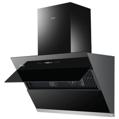 Rizco Luminous 122 30-inch black kitchen hood with open angled glass panel, visible filters and chimney design.