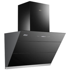 Rizco Luminous 122 30-inch black kitchen hood with angled front panel, touch controls and chimney-style design.