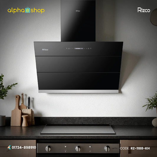 Rizco Luminous 122 30-inch kitchen hood in black finish. Available at Alphaeshop.