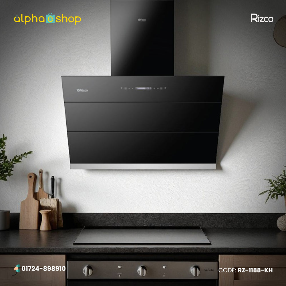 Rizco Luminous 122 30-inch kitchen hood in black finish. Available at Alphaeshop.