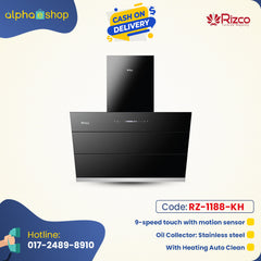 Rizco Luminous 122 30-inch kitchen hood in black, featuring 9-speed touch control with motion sensor, heating auto clean, and stainless steel oil collector.